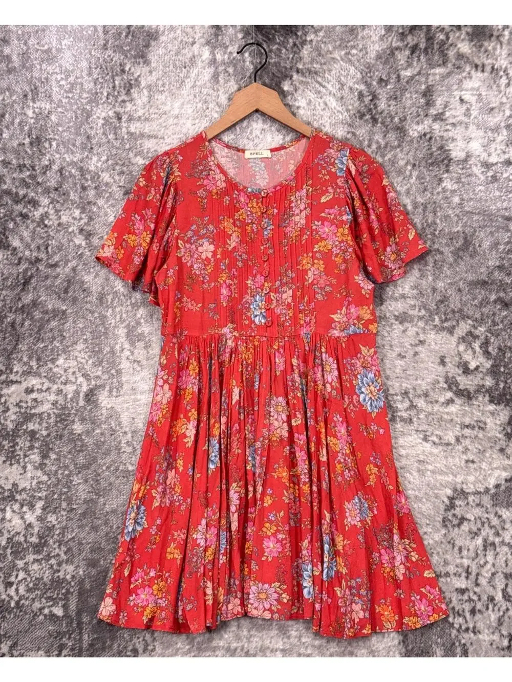Spell & The Gypsy Dress Small Womens Floral Pleated Flutter Mini Woven